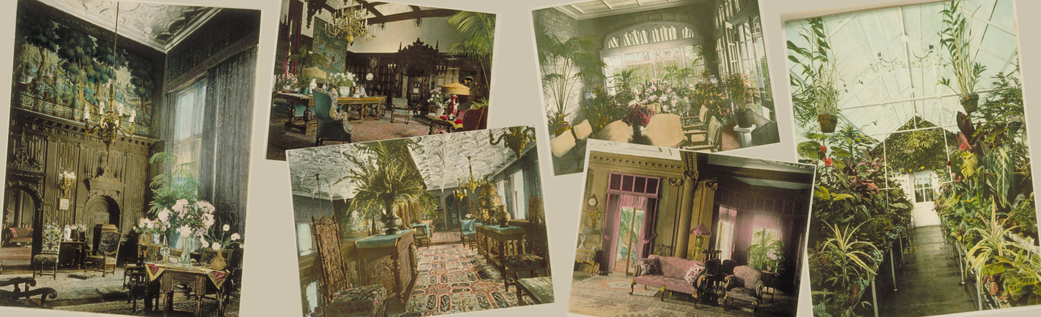 A collage of historic photos of the inside of the Branford house, circa 1915