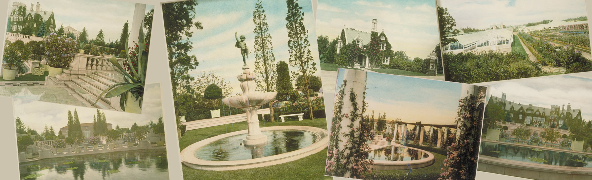 A collage of historic photos of the Branford House exterior gardens circa 1915